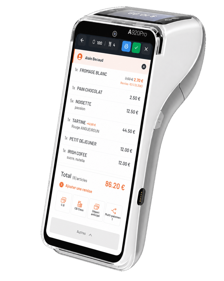 Terminal PAX A920 Pro affichant une addition dans klikx Pay