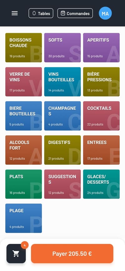 Écran de borne de commande affichant une carte avec photos de produits